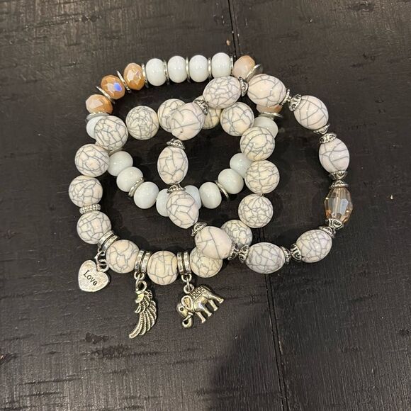 Charm Stone Bead Stretch Bracelet Set of 3 Jewelry’s Gift New​ - Picture 1 of 6